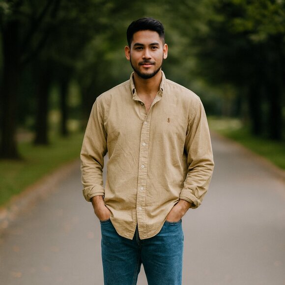 Ralph Lauren Polo Button Down Shirt 16 32/33 Tan Cotton Plaid Long Sleeve*READ - Picture 1 of 9
